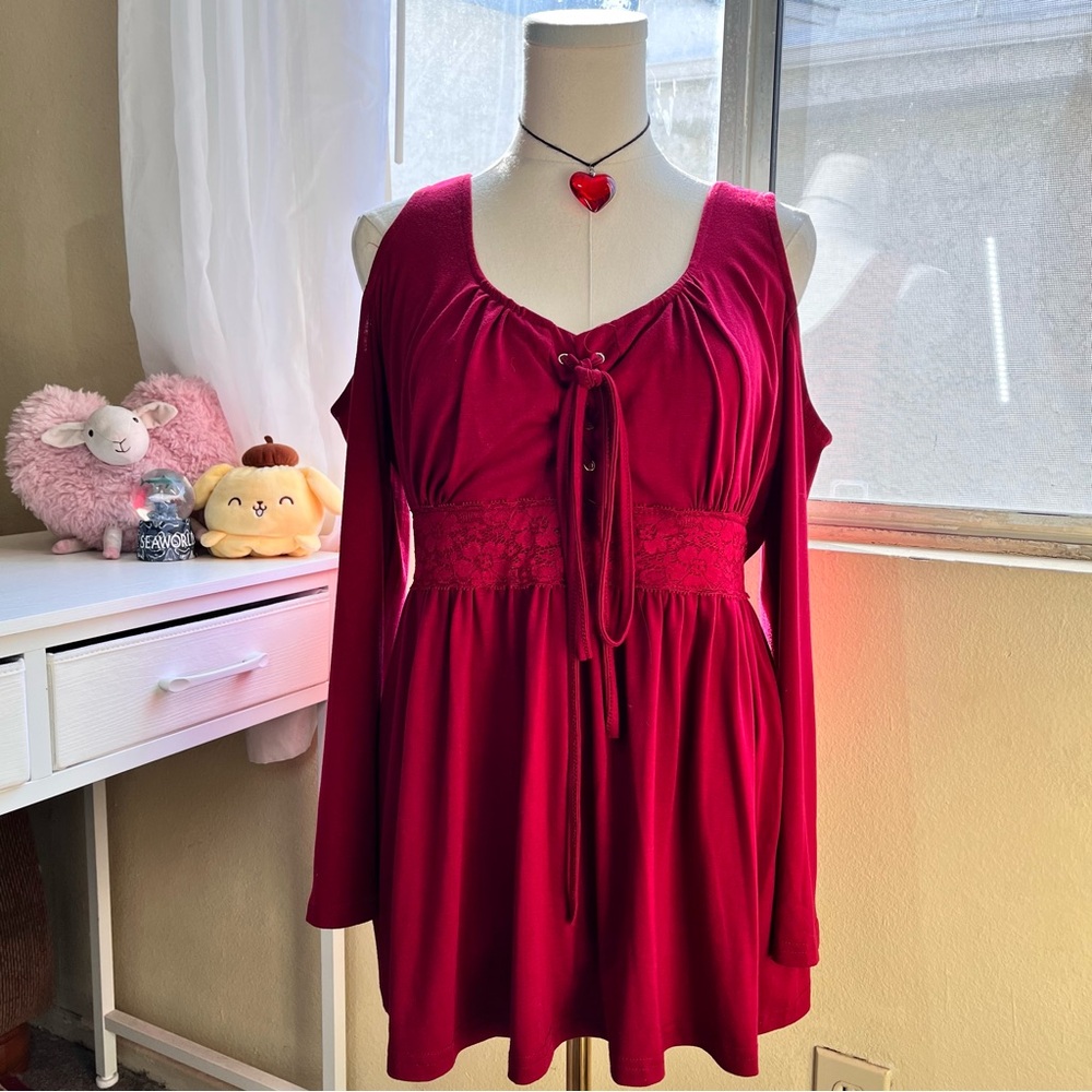 Romantic fairy long sleeve cold shoulder red milkmaid blouse women’s large